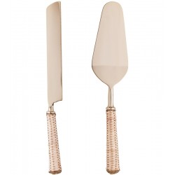 Jogo 2 Talheres Para Bolo de Aço Inox Dourado Com Cabo de Rattan